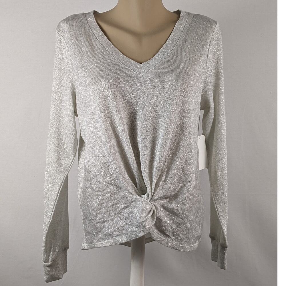 1.STATE Sweater Trendy Classic Metallic Twist Front Top Soft Ecru 0X Lightweight
